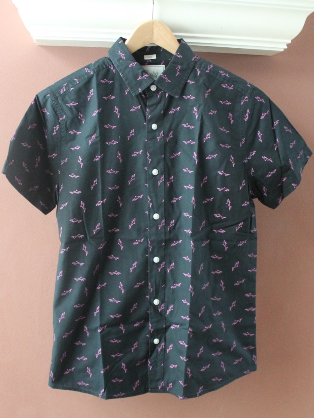 Bixby Nomad Odyssey Short Sleeve Black Button Up Shirt Pink Sharks sz XS